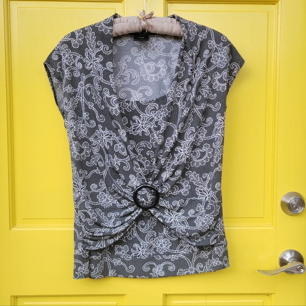 J.T.B. Black White Lace Print Ruched Buckle Top Y2K Stretch Blouse